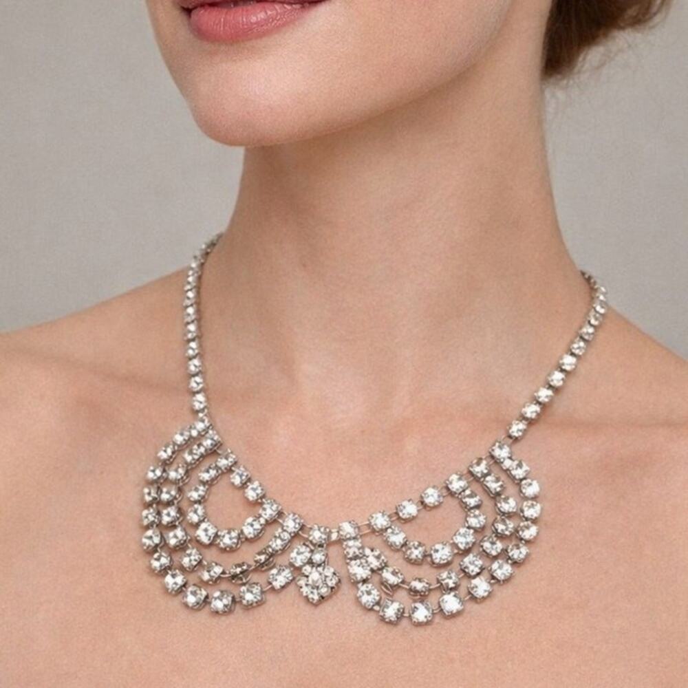 Vintage Necklace Rhinestone Double Swoop Scallop Collar Art Deco 1940s Bib - Picture 1 of 7